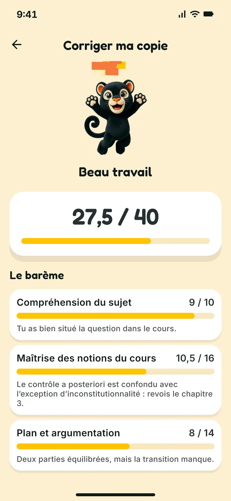 Une copie corrigée : 27,5 sur 40, et les chapitres à revoir